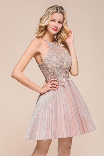Neckholder Glitzerndes Kurzes Homecoming-Kleid Blumenspitze Aline Ballkleid Knielang