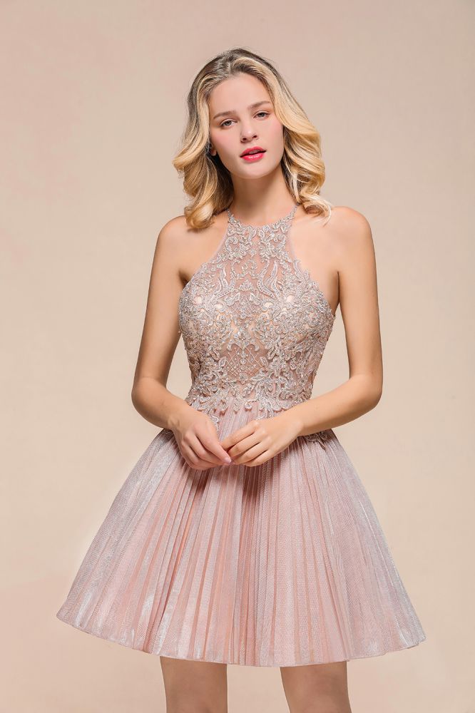 Neckholder Glitzerndes Kurzes Homecoming-Kleid Blumenspitze Aline Ballkleid Knielang