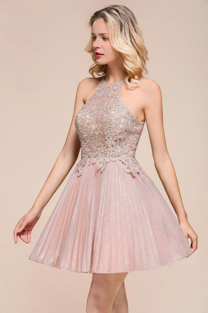 Neckholder Glitzerndes Kurzes Homecoming-Kleid Blumenspitze Aline Ballkleid Knielang