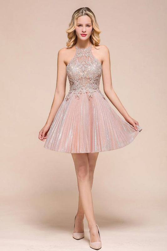 Neckholder Glitzerndes Kurzes Homecoming-Kleid Blumenspitze Aline Ballkleid Knielang