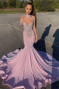 Vestidos de fiesta de sirena con escote halter, escote corazón, pedrería, sin mangas y hasta el suelo
