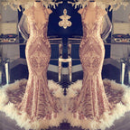 Halter V-neck Sequined Appliques Prom Dress with Feather