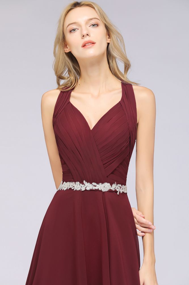 Vestido de dama de honor con cuello en V, sin mangas, volantes y apliques, vestido de noche con vuelo