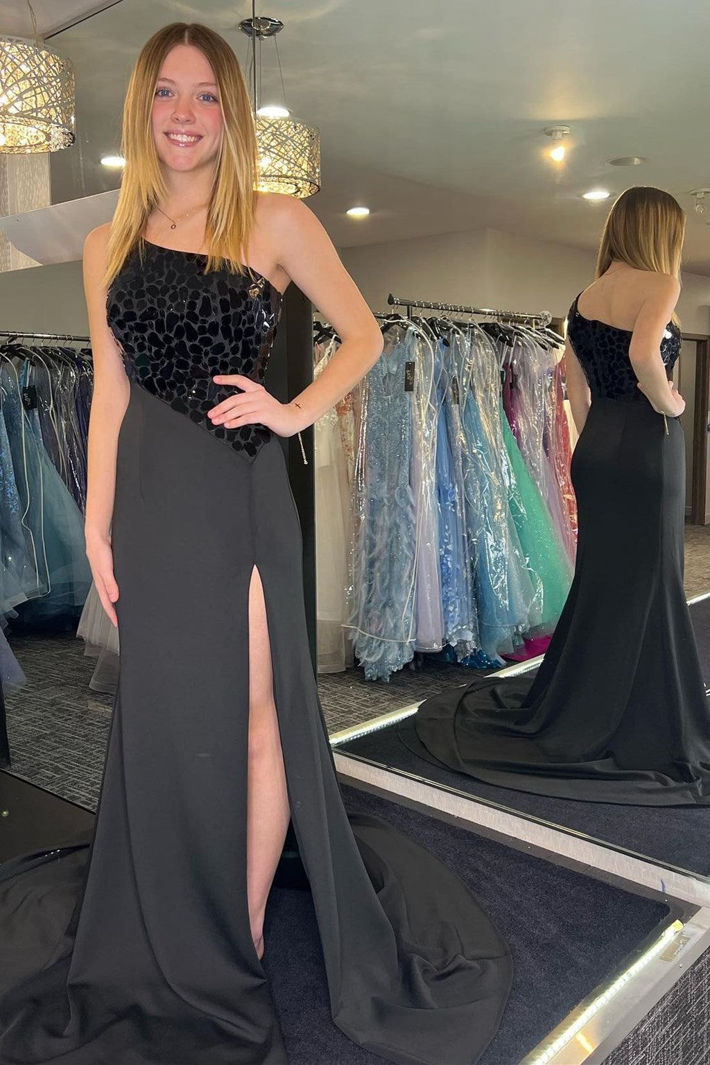 Harlow | Light Blue Cut Glass Mirror One-Shoulder Trumpet Long Formal Dress with Slit