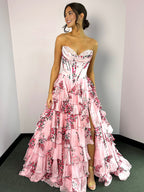 Haruko | A-Line Blush Strapless Chiffon Floral Ruffled Prom Dress With Slit