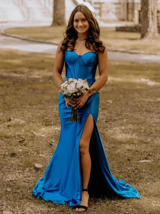 Alexia | Vestido largo formal de sirena de satén azul con abertura