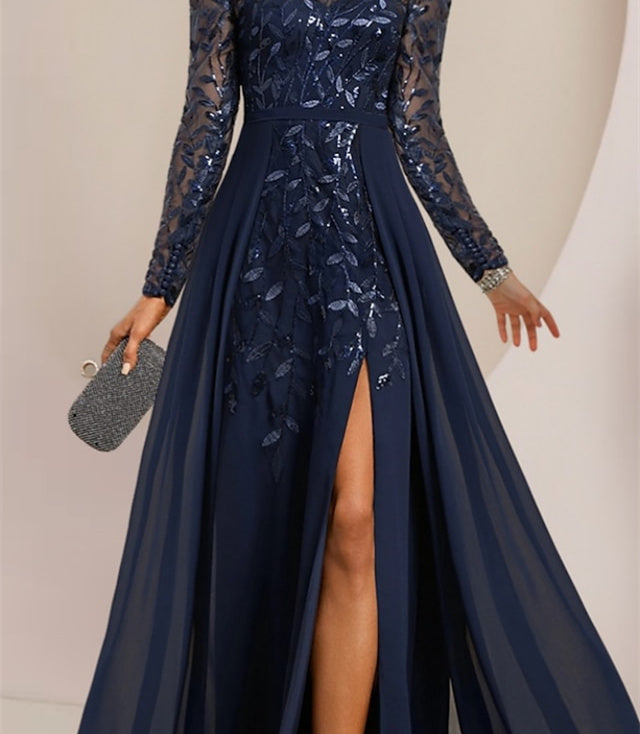 Vestidos de madre de la novia de corte A/princesa, largo hasta el suelo, con volantes laterales abiertos y lentejuelas