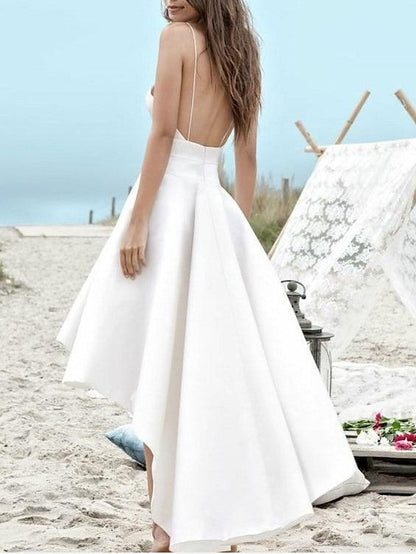 High Low A-Line V Neck Spaghetti Strap Satin Wedding Dresses with Pockets
