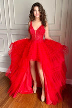 High Low A-Linie V-Ausschnitt Tüll Spitze Ballkleid Rot Formale Abendkleider