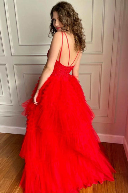 Vestido de fiesta de tul con encaje, corte A, escote en V, rojo, formal, de noche