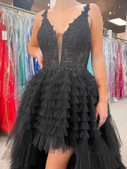Vestido de fiesta de tul con escote en V y corte A alto y bajo, color negro, vestidos de noche formales
