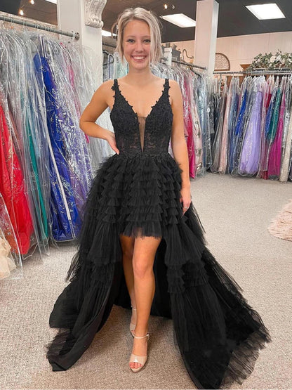 Vestido de fiesta de tul con escote en V y corte A alto y bajo, color negro, vestidos de noche formales