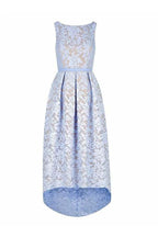 Vestido de dama de honor de encaje azul cielo claro, sin mangas, con escote barco, corte asimétrico, BD046