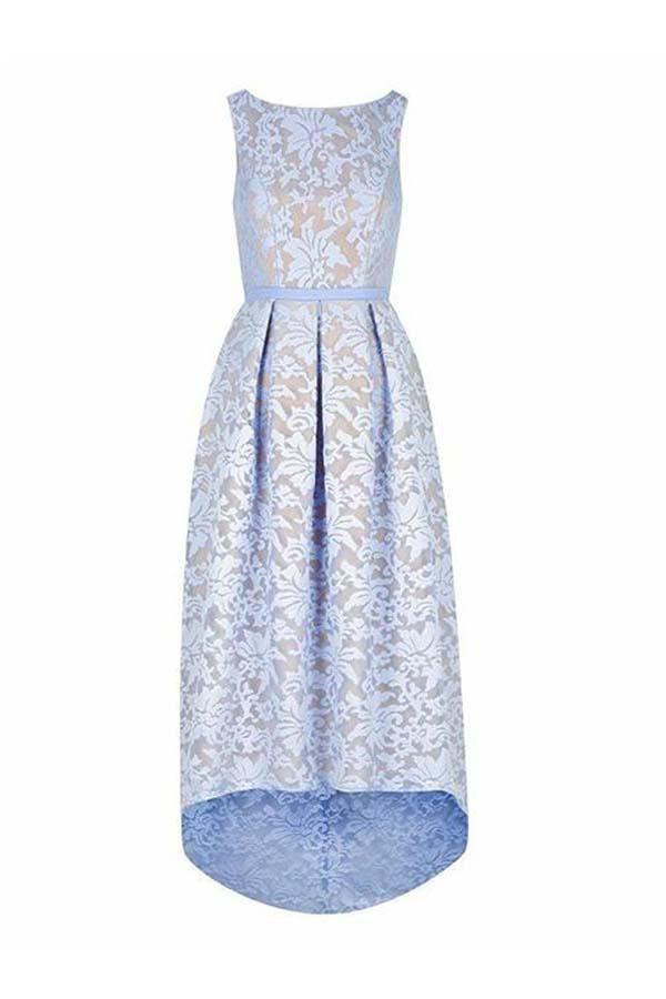 Vestido de dama de honor de encaje azul cielo claro, sin mangas, con escote barco, corte asimétrico, BD046