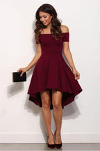 Vestido de fiesta corto burdeos con hombros descubiertos y corte alto/bajo, vestido de bienvenida PD132