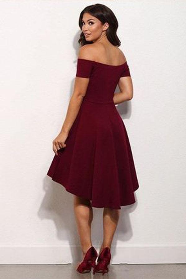 Vestido de fiesta corto burdeos con hombros descubiertos y corte alto/bajo, vestido de bienvenida PD132