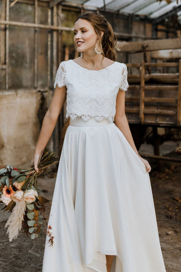 High Low Two Piece Satin Lace Wedding Dress with Sleeves