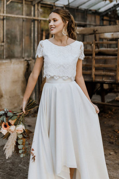 High Low Two Piece Satin Lace Wedding Dress with Sleeves