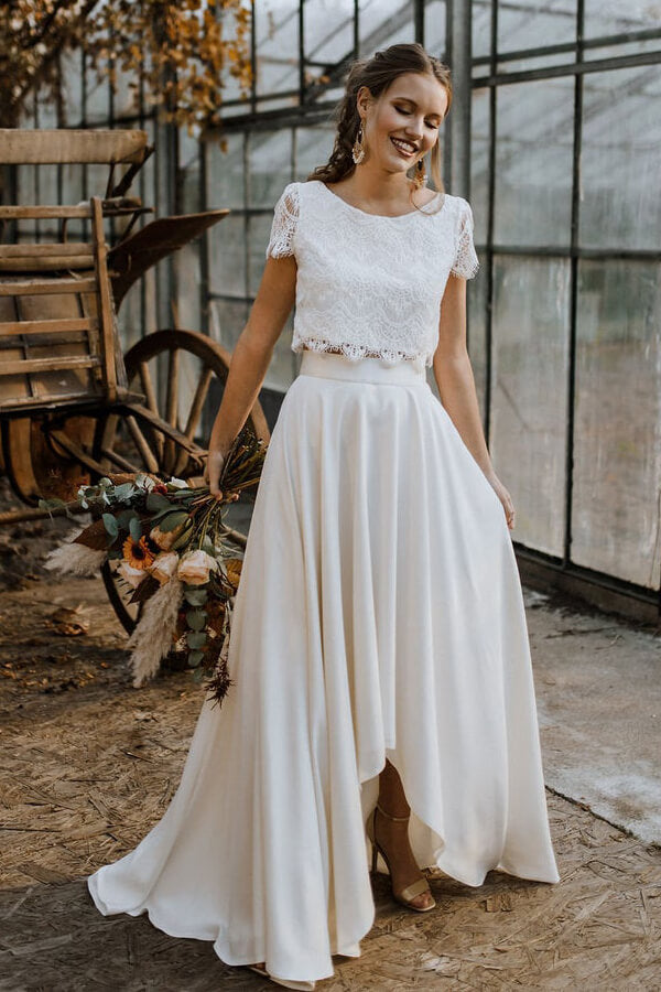 High Low Two Piece Satin Lace Wedding Dress with Sleeves