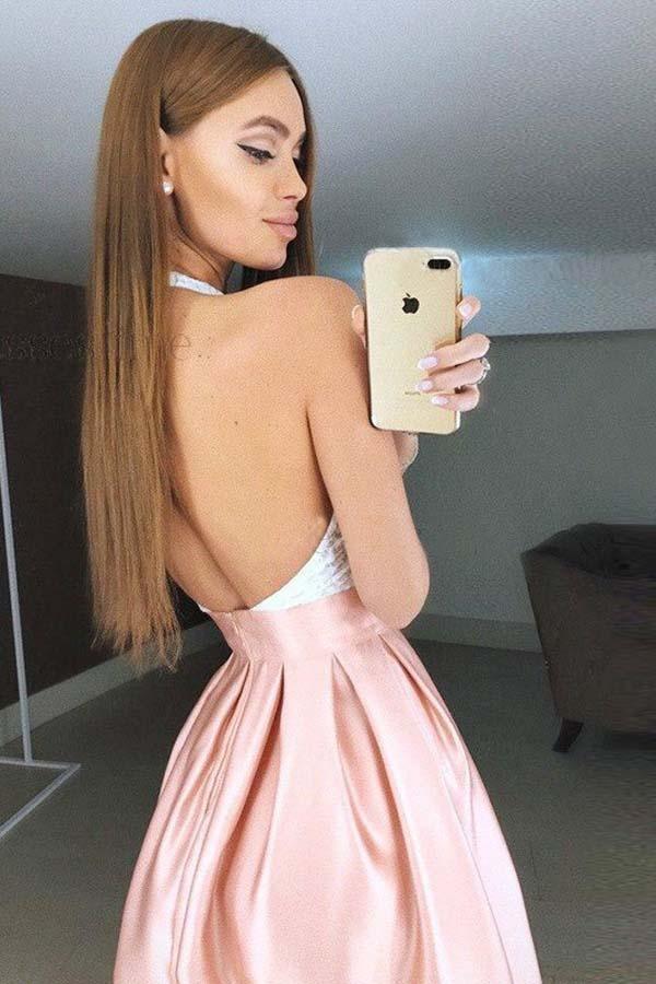 Hochgeschlossenes, rückenfreies, kurzes, rosa, plissiertes Homecoming-Kleid mit Spitzenmieder PD272