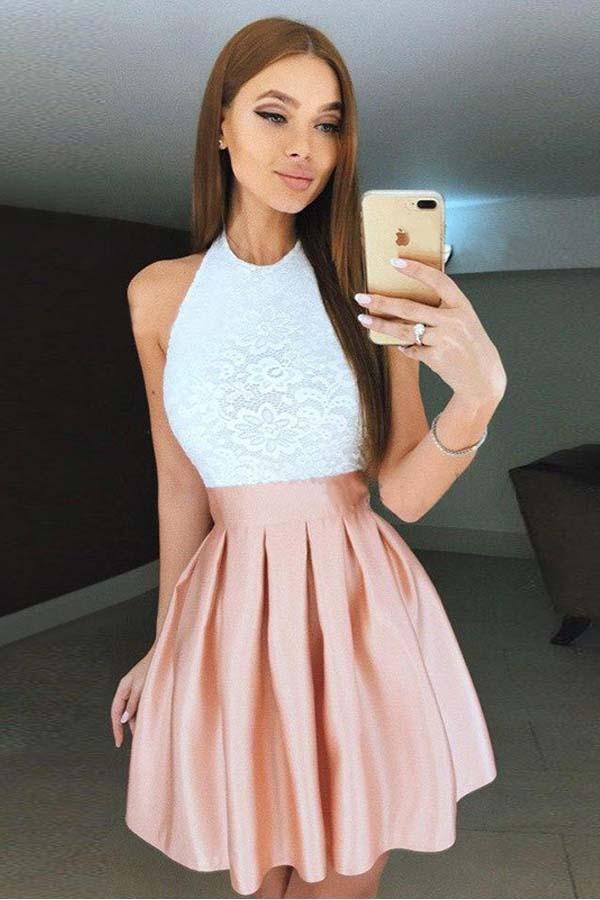 Hochgeschlossenes, rückenfreies, kurzes, rosa, plissiertes Homecoming-Kleid mit Spitzenmieder PD272