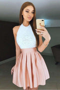 Hochgeschlossenes, rückenfreies, kurzes, rosa, plissiertes Homecoming-Kleid mit Spitzenmieder PD272
