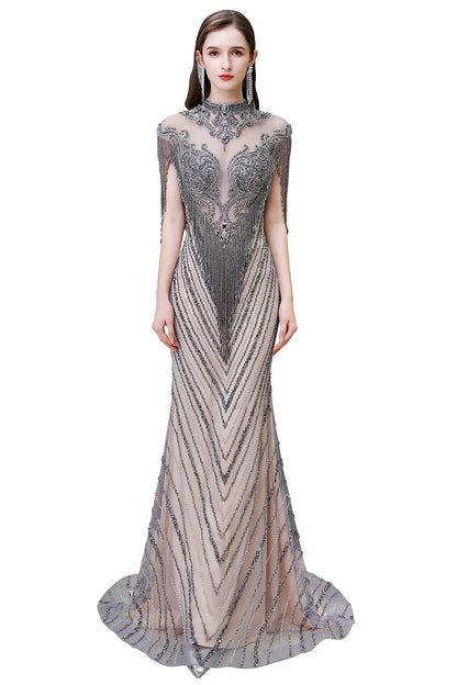 High Neck Cap sleeves Sparkle Beads Long Prom Dresses