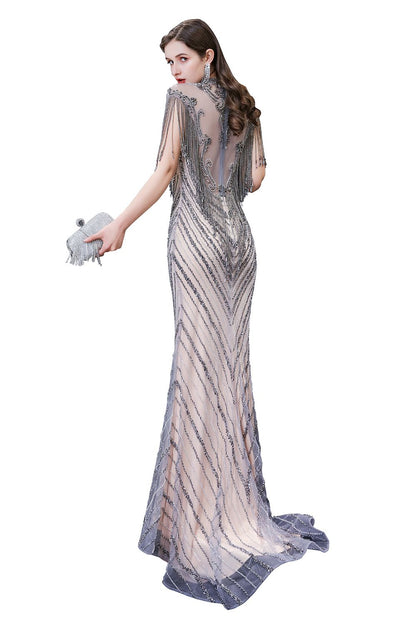 High Neck Cap sleeves Sparkle Beads Long Prom Dresses