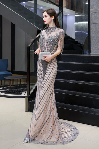 High Neck Cap sleeves Sparkle Beads Long Prom Dresses
