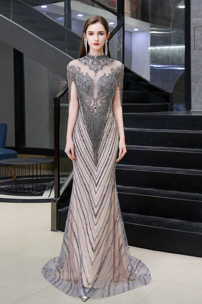 High Neck Cap sleeves Sparkle Beads Long Prom Dresses