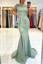Vestido de noche con escote alto, encaje, columna, botones largos, abertura, mangas cortas
