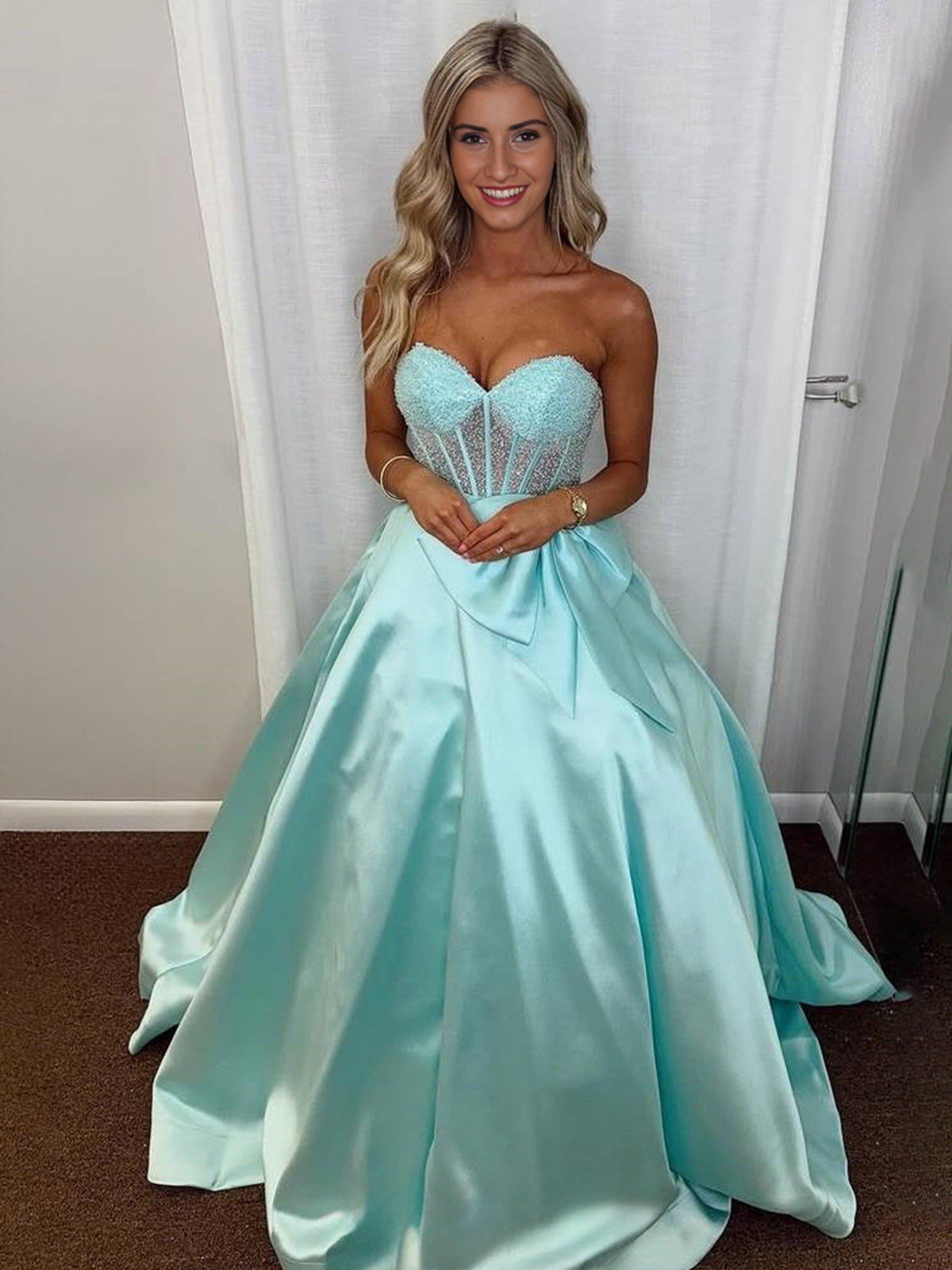 Hindreen | A-Line Sweetheart Lilac Beaded  Long Prom Dresses With Bow