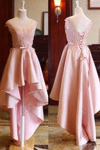 Rosa High Low Scoop Lace Up Midi Back Satin Ärmelloses Ballkleid 