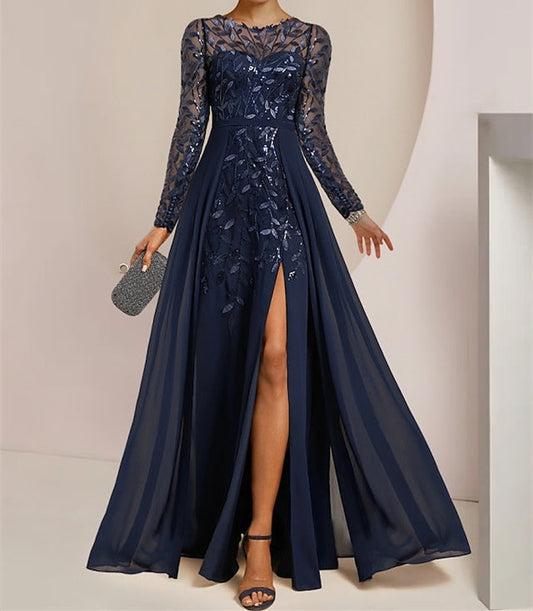 Vestidos de madre de la novia de corte A/princesa, largo hasta el suelo, con volantes laterales abiertos y lentejuelas