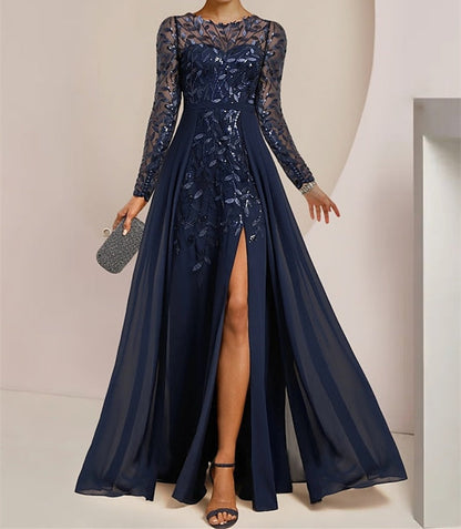 Vestidos de madre de la novia de corte A/princesa, largo hasta el suelo, con volantes laterales abiertos y lentejuelas