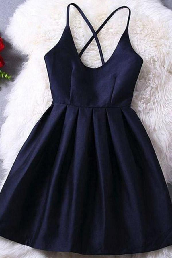 Homecoming-Kleid, dunkelblau, mit überkreuzten Trägern, kurzes Ballkleid, PD370