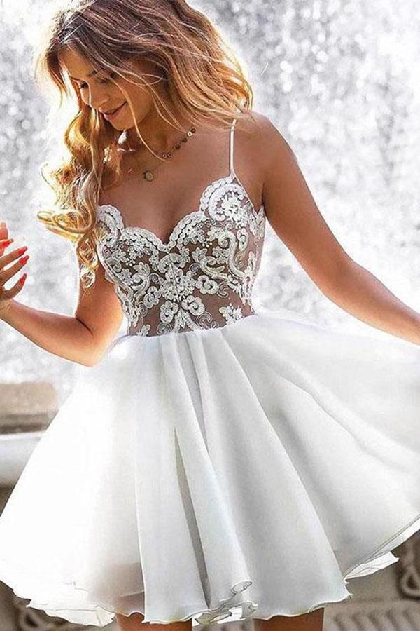 Vestido de fiesta mini con escote en V y tirantes finos y corpiño de encaje PD420