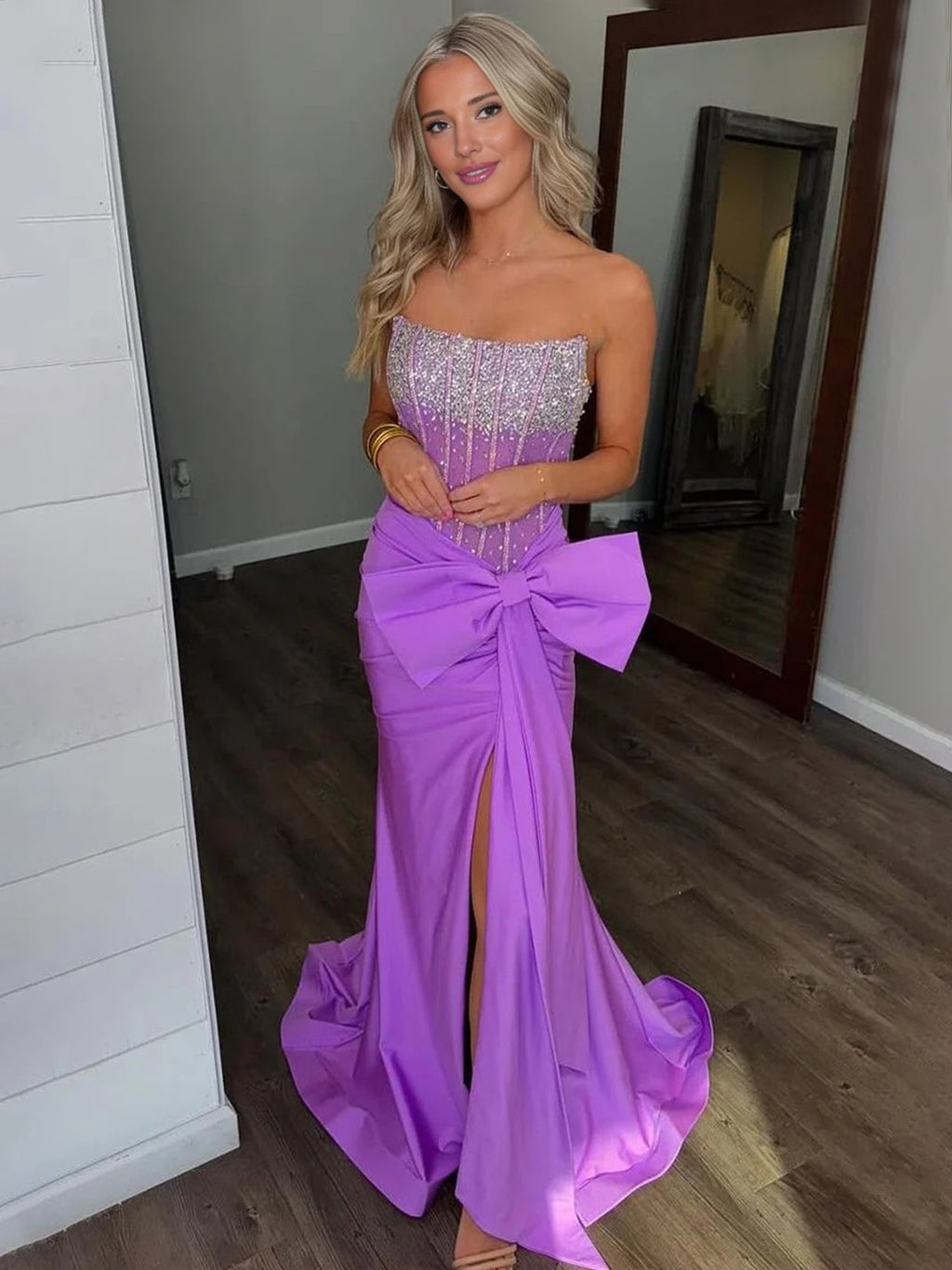 Homer | Vestidos de fiesta de sirena con corsé, sin tirantes y abertura, con lazo lateral