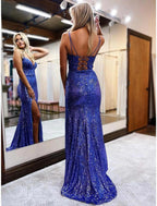 Meerjungfrau-Trompeten-Ballkleid, funkelndes Glanzkleid, formelle Hochzeitsfeier, Sweep-Pinselzug, ärmellos, V-Ausschnitt, Pailletten, rückenfrei mit Glitzerpailletten