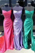 Hudson | Vestidos de fiesta fucsia con tirantes finos, corte sirena y satén con abertura