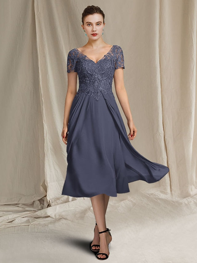 Vestidos de madre de la novia de corte A/princesa, escote en V y largo hasta la rodilla