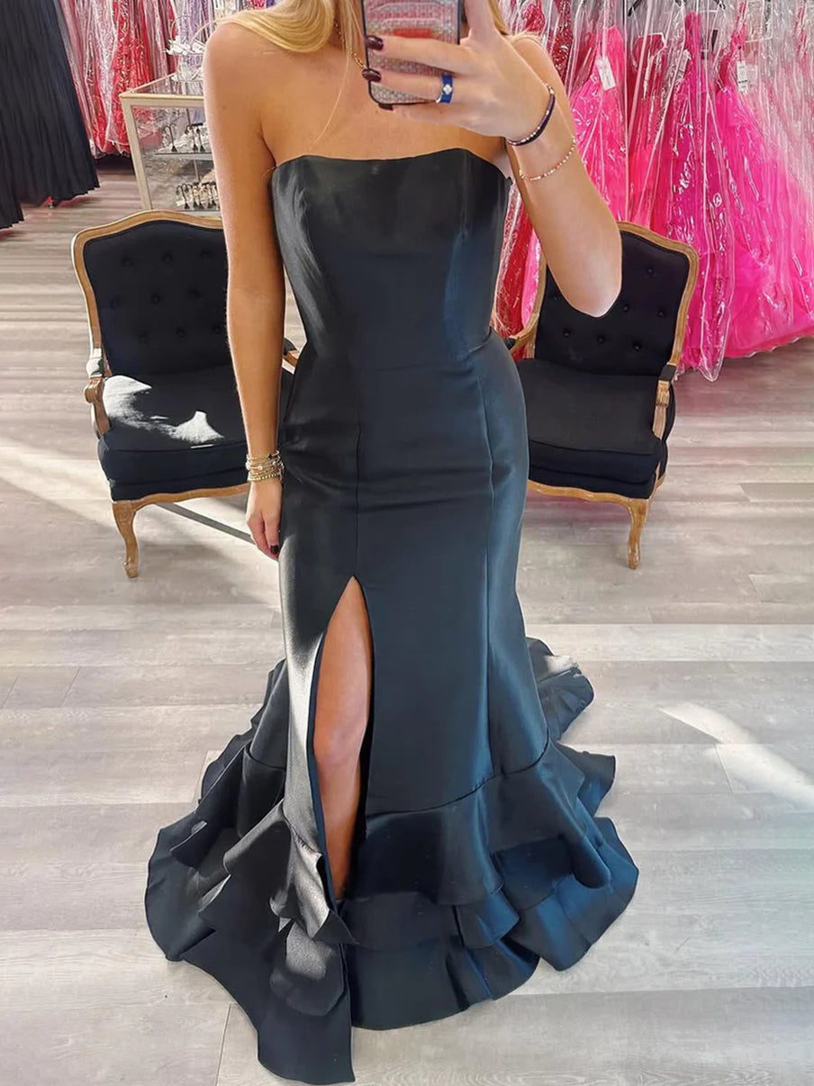 Ida | Vestidos de fiesta azul cielo de corte sirena sin tirantes y abertura