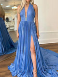 Idelisa | Vestidos de fiesta largos de gasa azul plisados ​​con escote halter y espalda descubierta