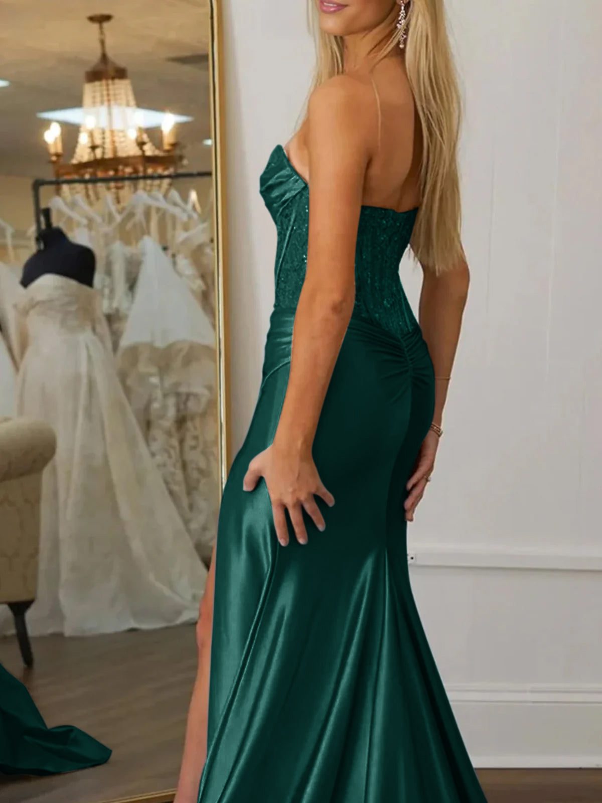 Idra | Emerald Green Beaded Strapless Applique Formal Dress with Slit