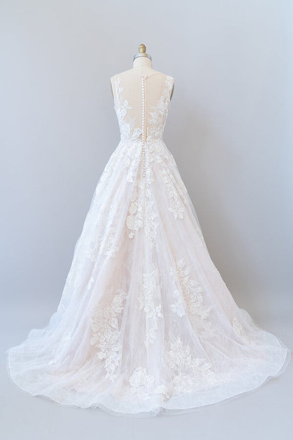Illusion Appliques Tulle A-line Wedding Dress