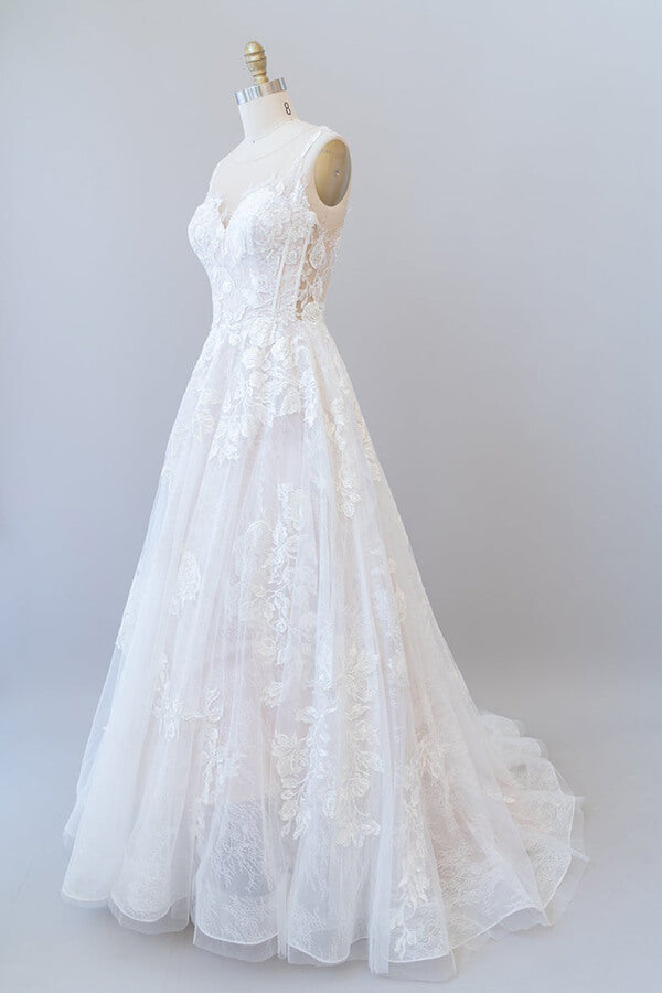 Illusion Appliques Tulle A-line Wedding Dress