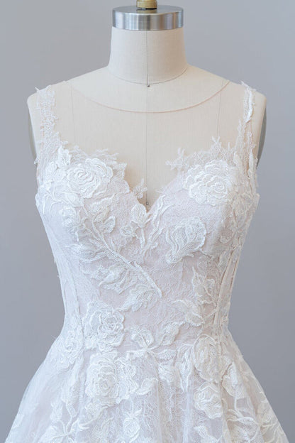 Illusion Appliques Tulle A-line Wedding Dress
