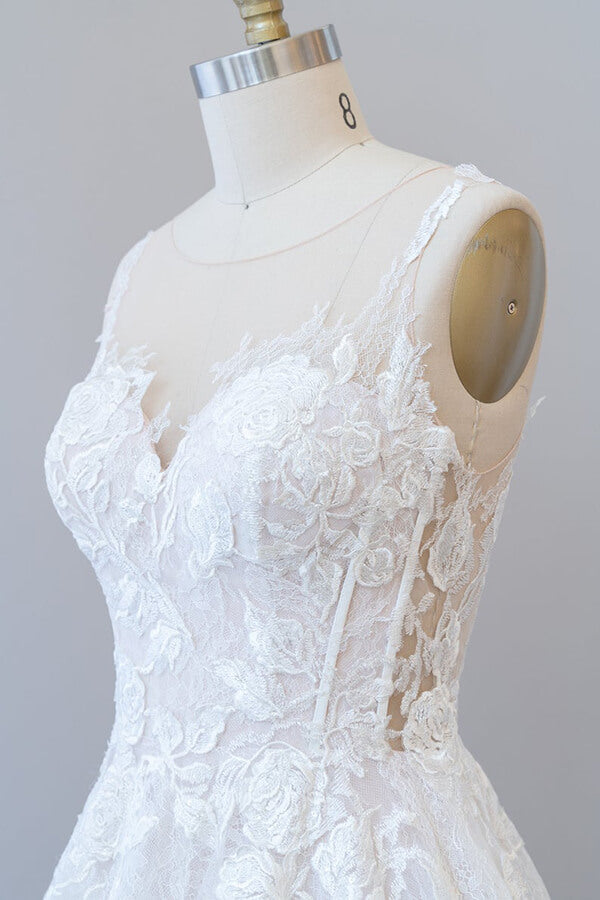 Illusion Appliques Tulle A-line Wedding Dress