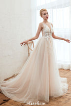 Champagner Brautkleid mit Illusionsausschnitt, ärmellos, Sommer-Brautkleid