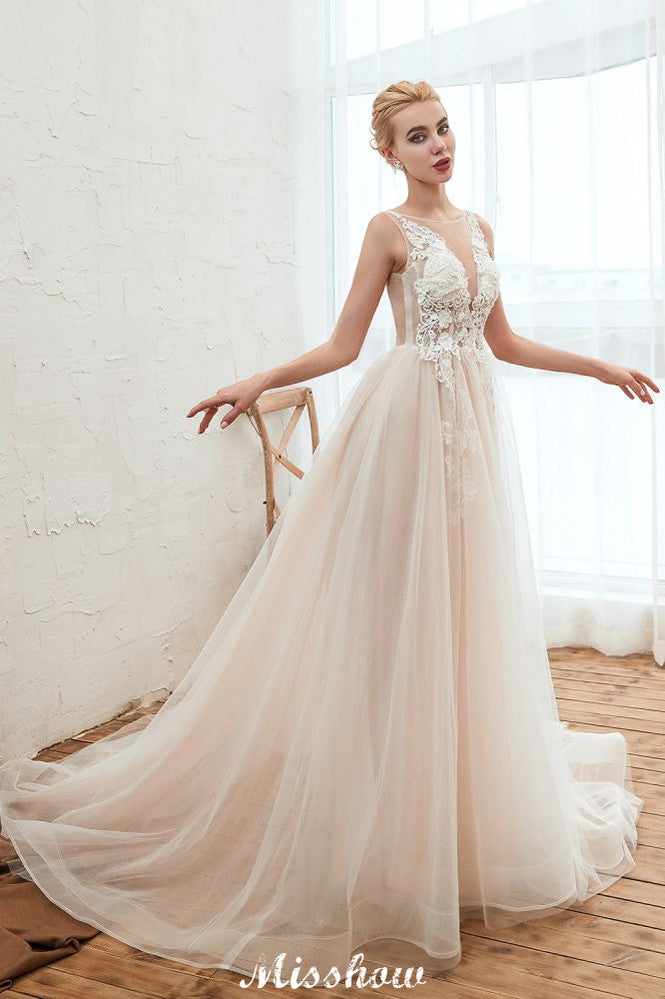 Illusion Neck Champagne Wedding Dress Sleeveless Summer Bridal Gown